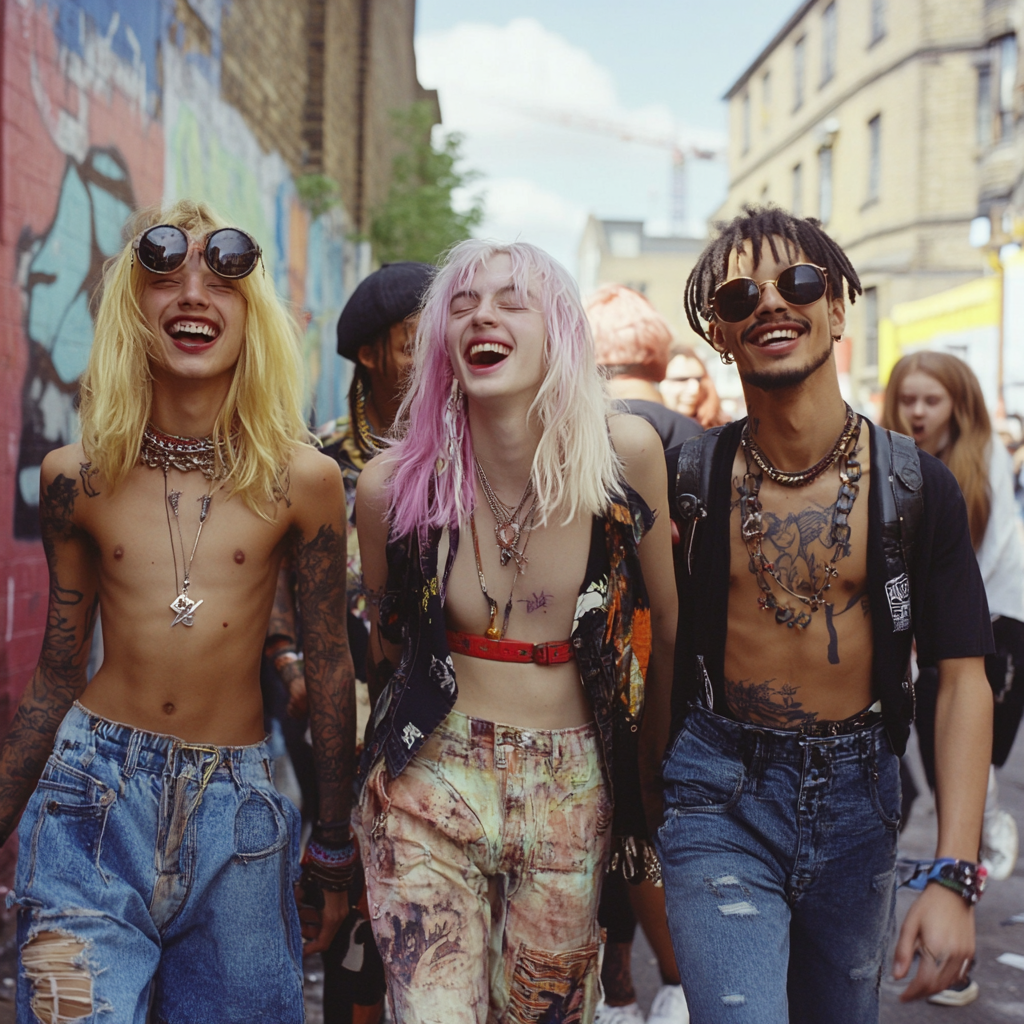 Happy gen z friends laughing in London district