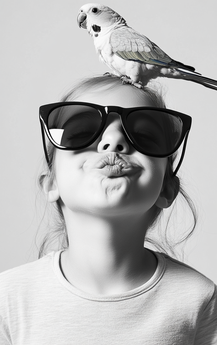 Happy girl in sunglasses with parakeet on head