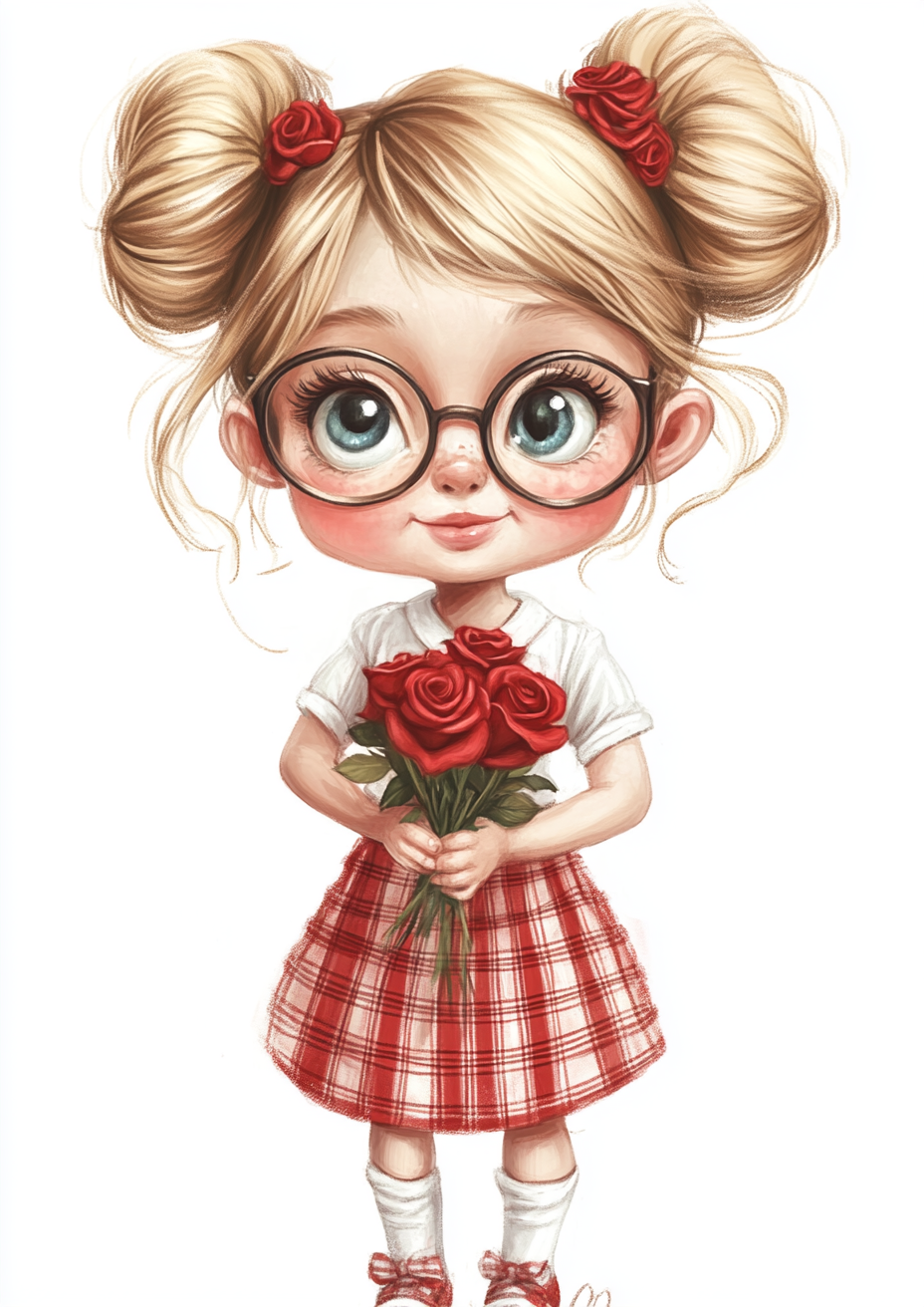 Happy girl with glasses and red roses illustration.