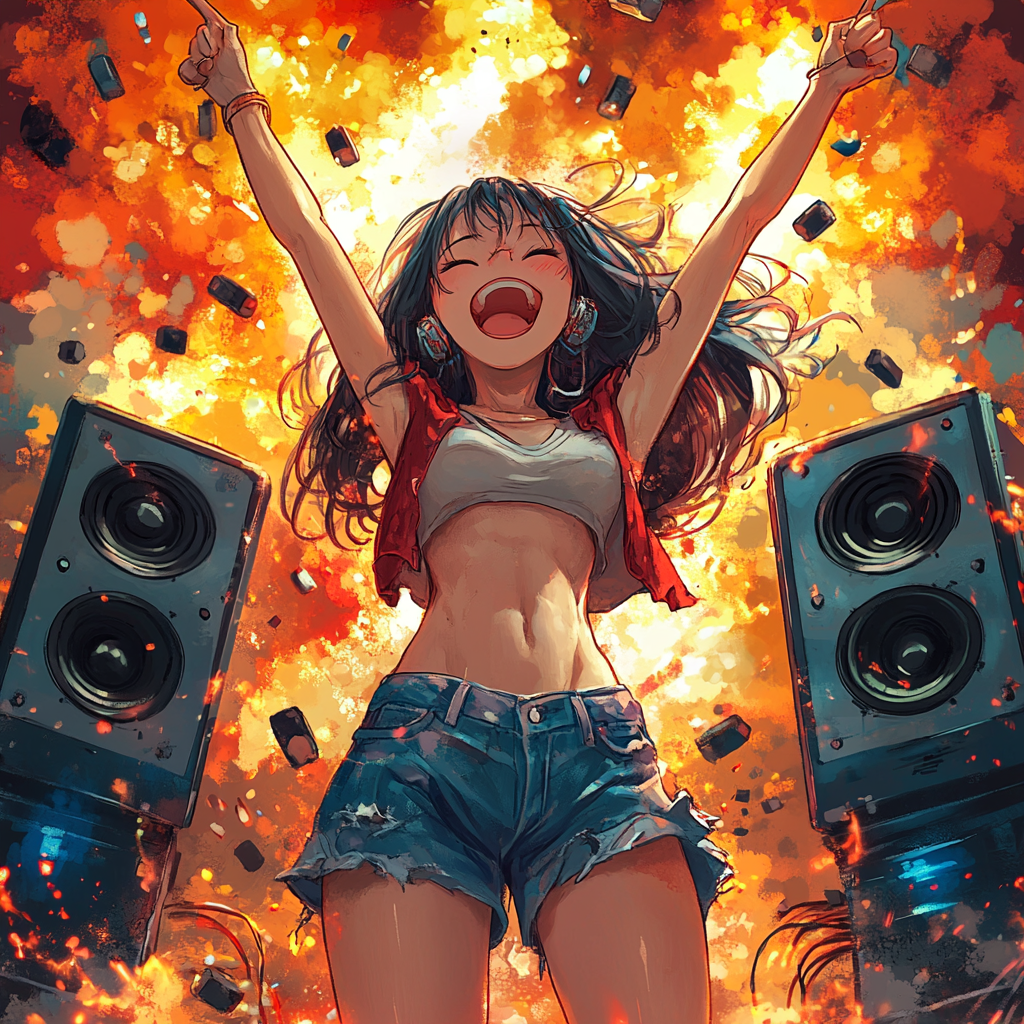 Happy girl with loudspeakers and explosions in background