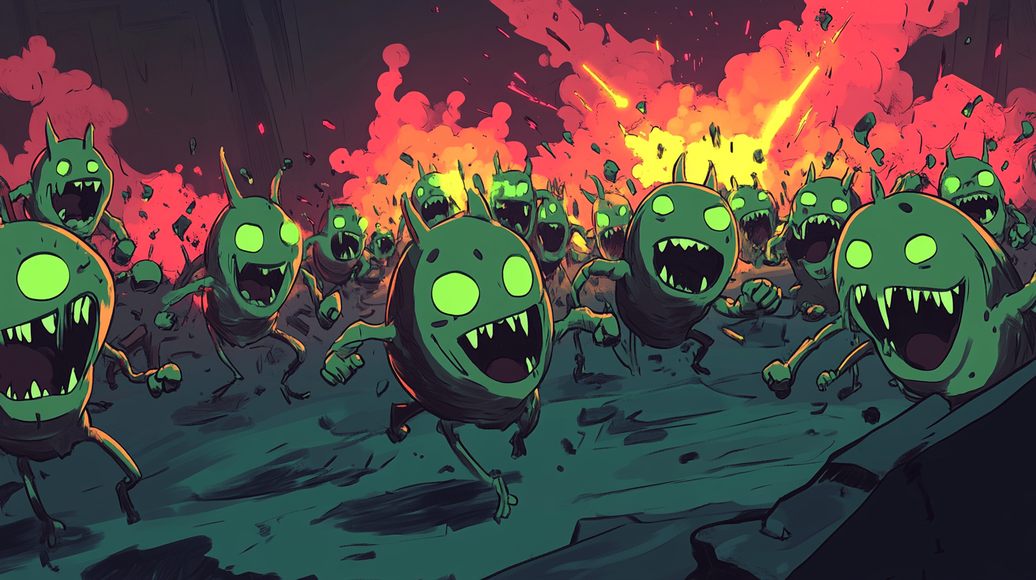 Happy goblins charging into war with explosions and humor.