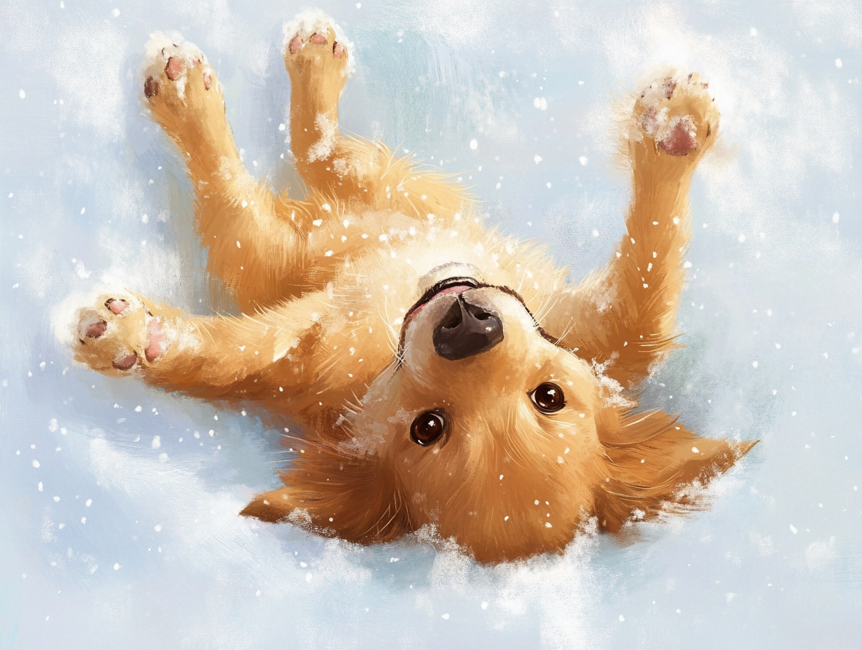 Happy golden retriever playing in snowy Christmas scene.