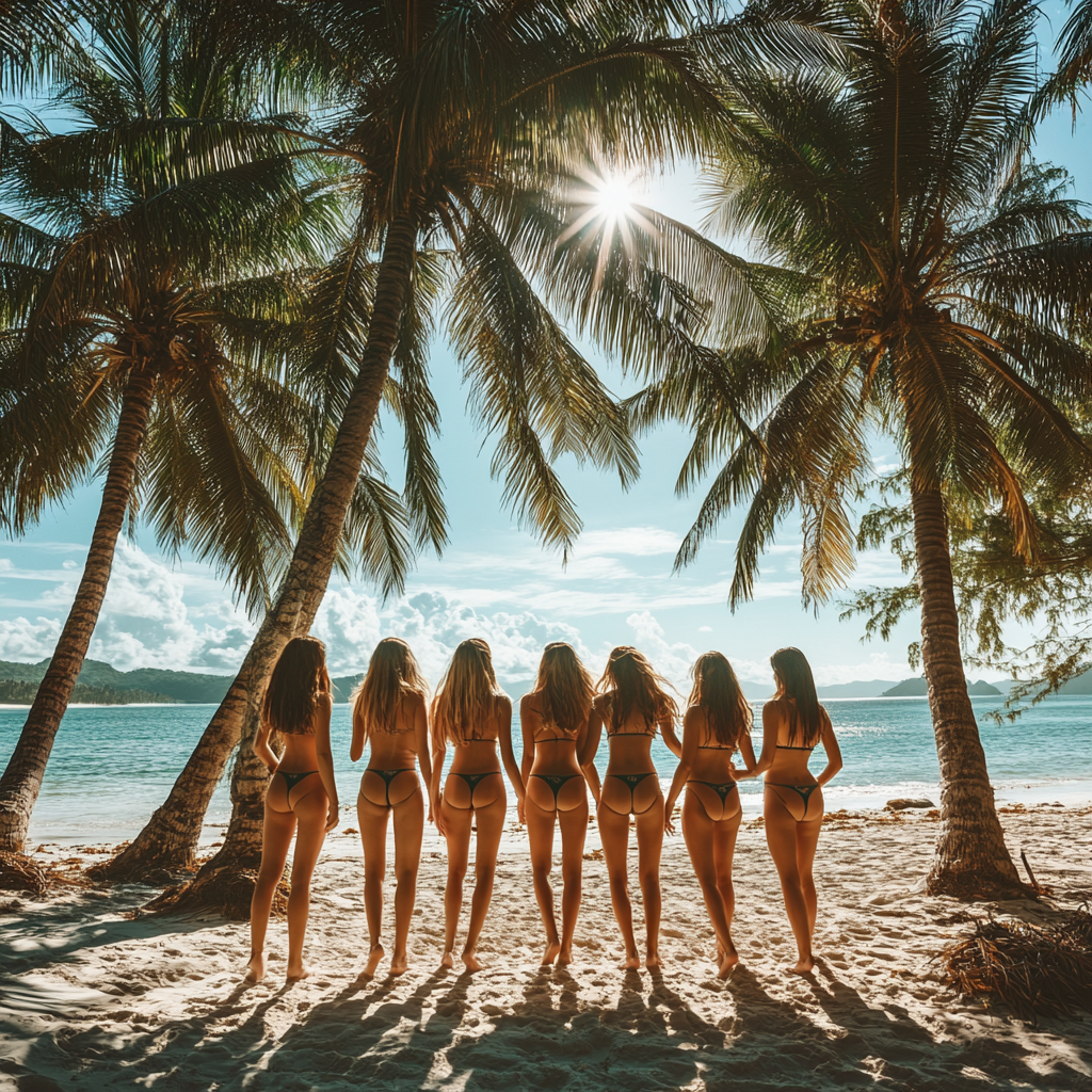 Happy group of Filipino women enjoying beach day.