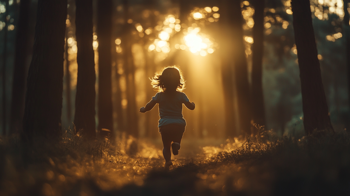 Happy kid girl playing in forest with pine trees.