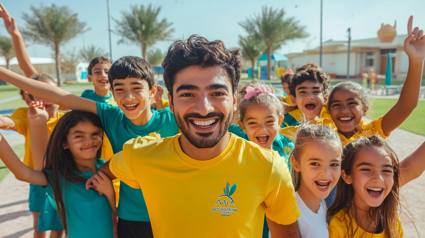 Happy kids and instructors at school fitness event.