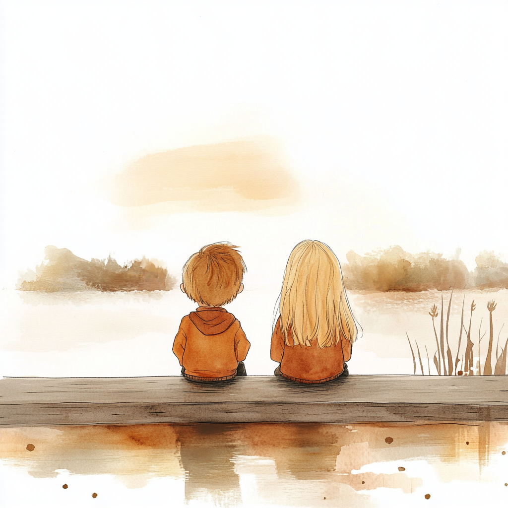 Happy kids watching sunset in minimalistic drawing style