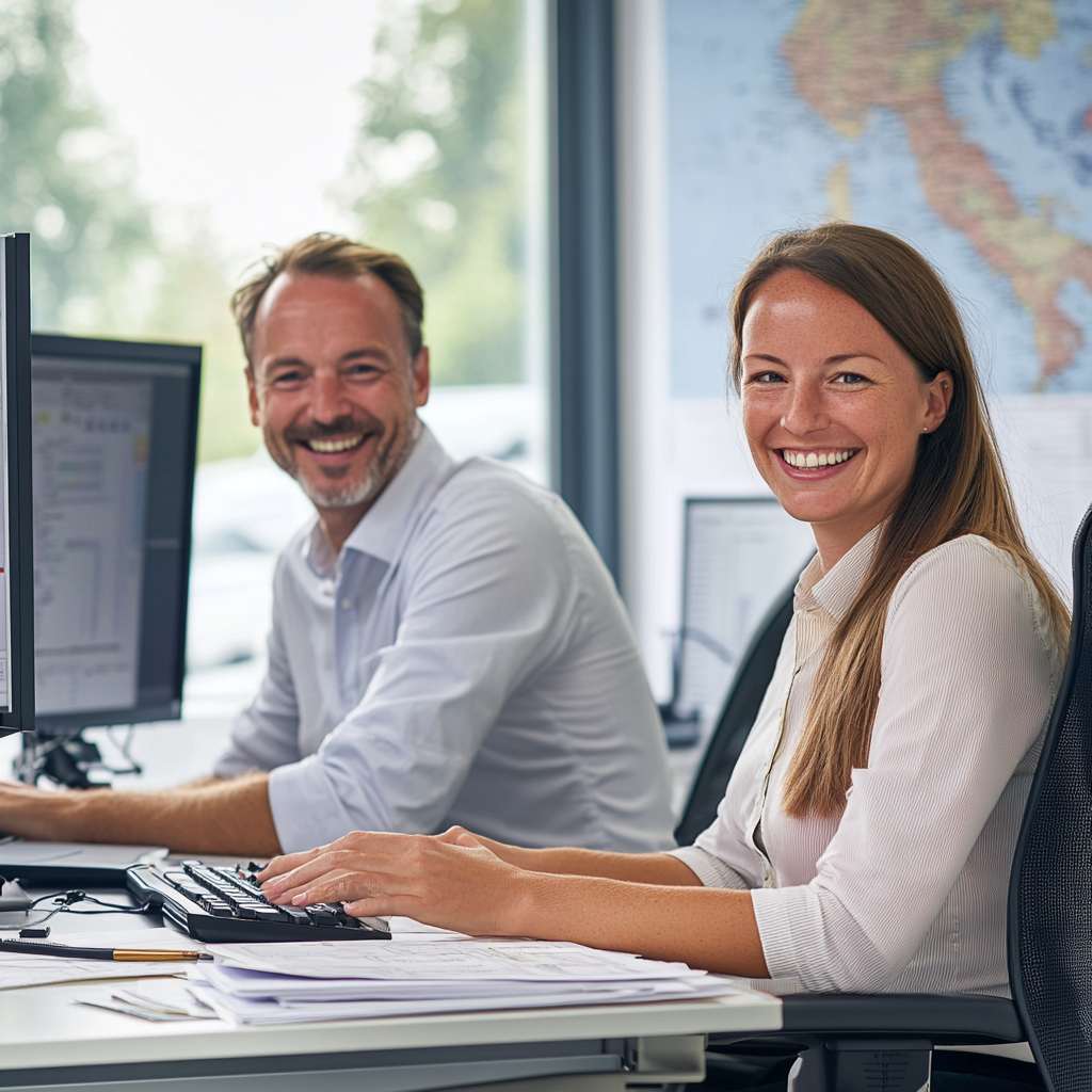 Happy logistics dispatchers working in modern office.