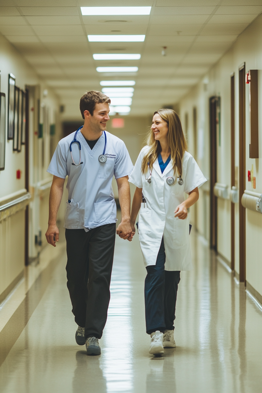 Happy male and female nurses in hospital corridor