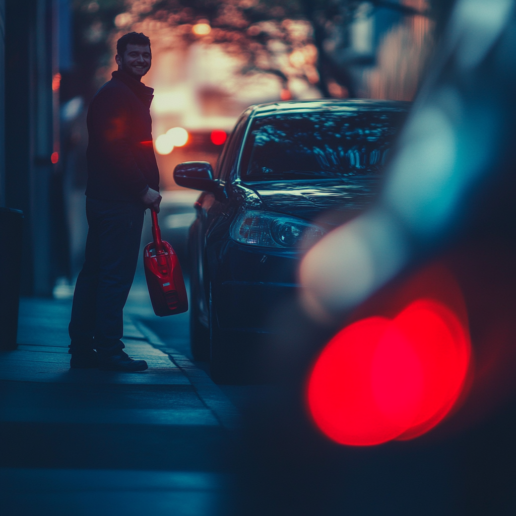 Happy man by car with red vacuum cleaner.