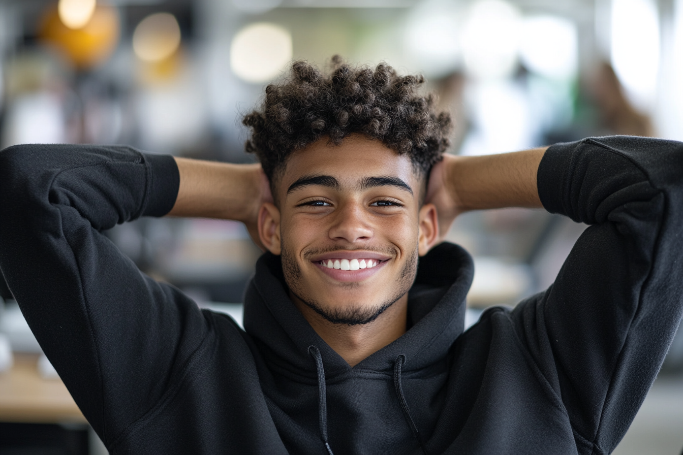 Happy man in office, Nikon D850, photojournalistic style.