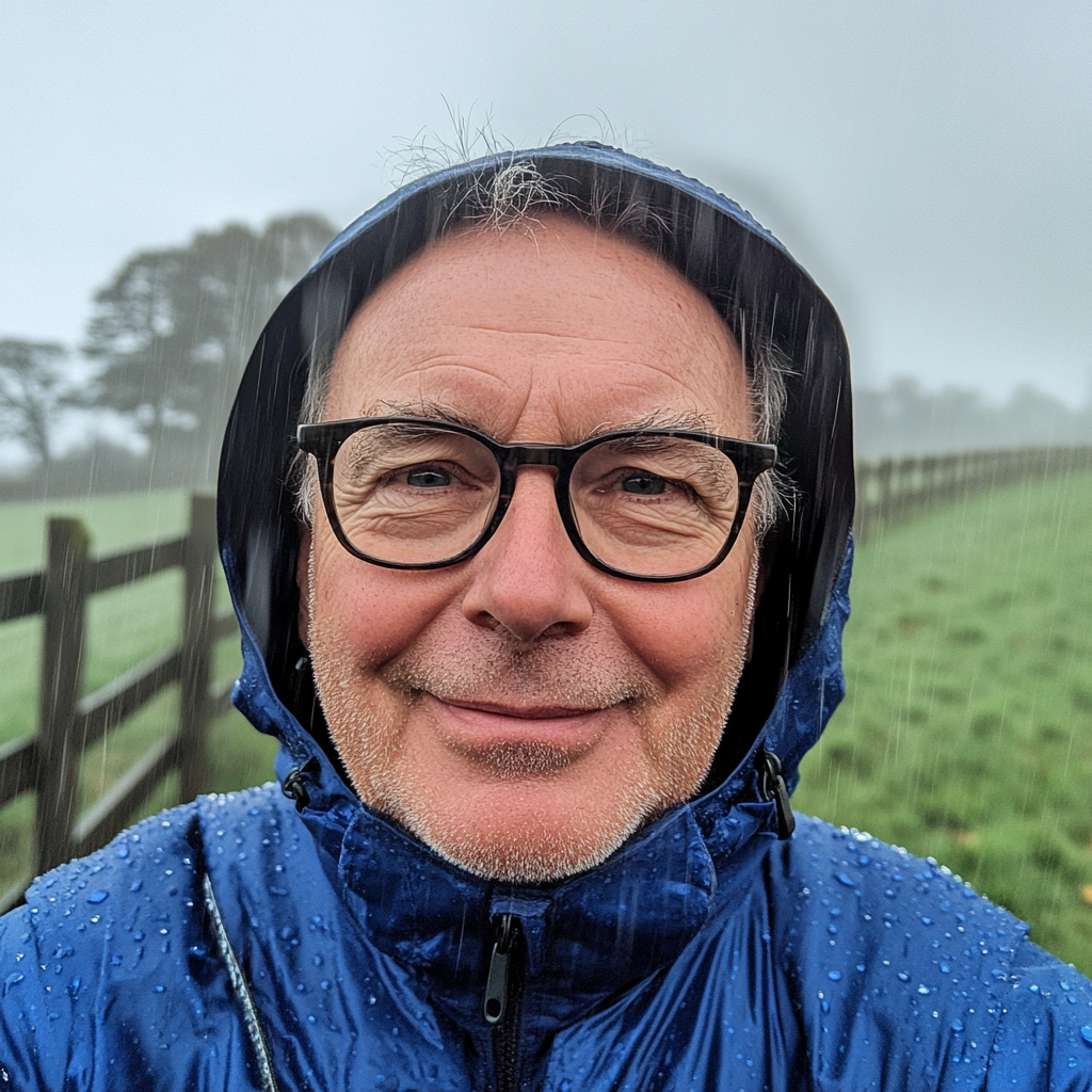 Happy man in raincoat in English countryside.