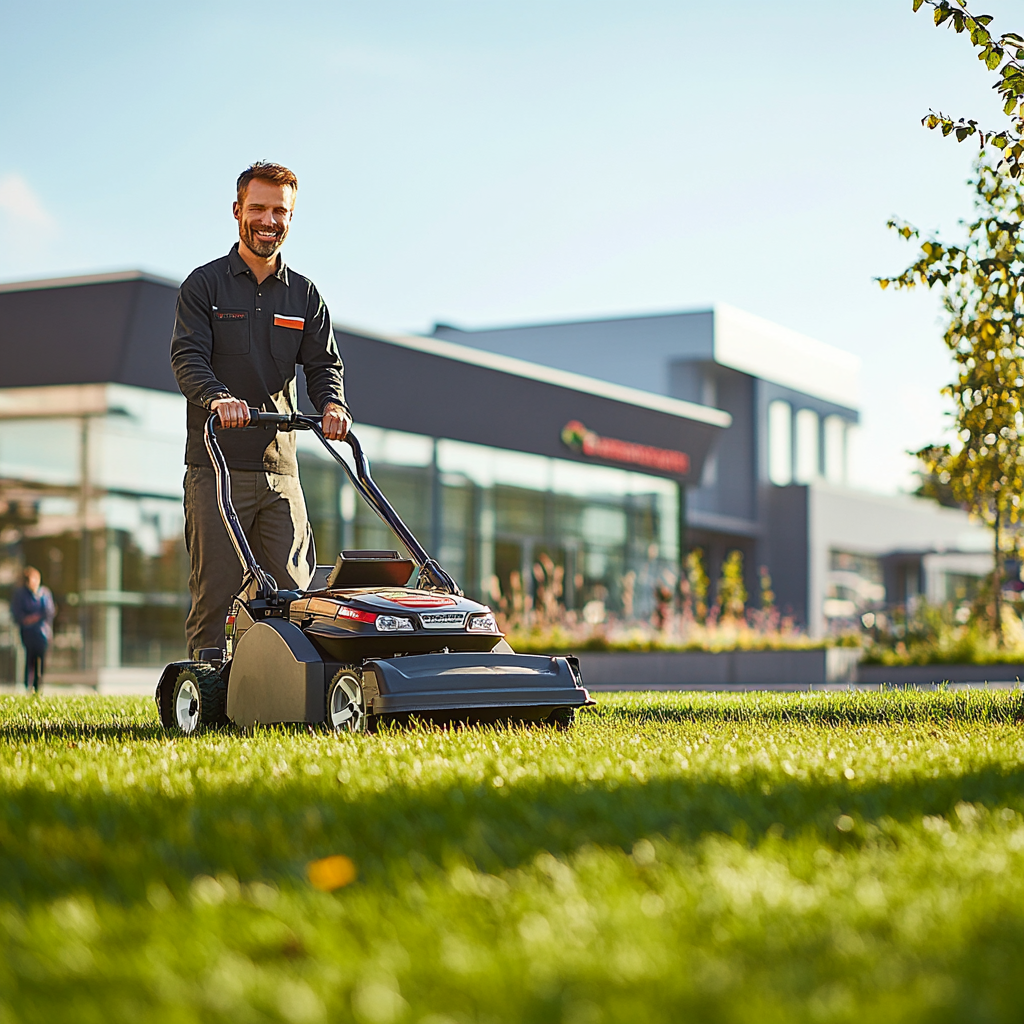 Happy man mowing lawn outside busy supermarket