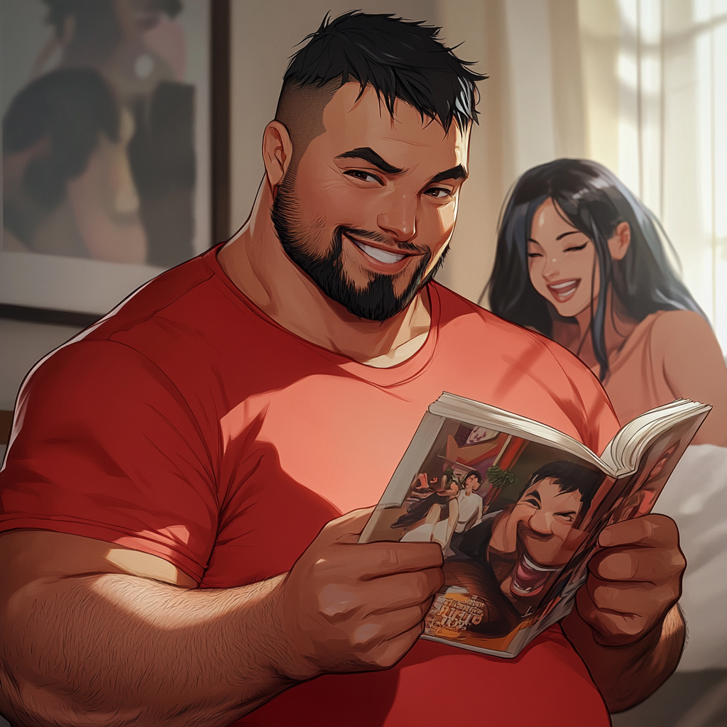 Happy man reading magazine with anime-style friends