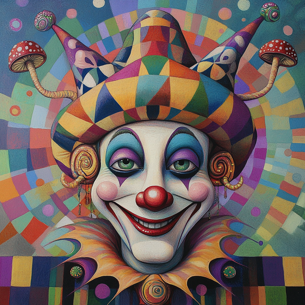 Happy mechanical jester face spins circles, geometric patterns colorful.