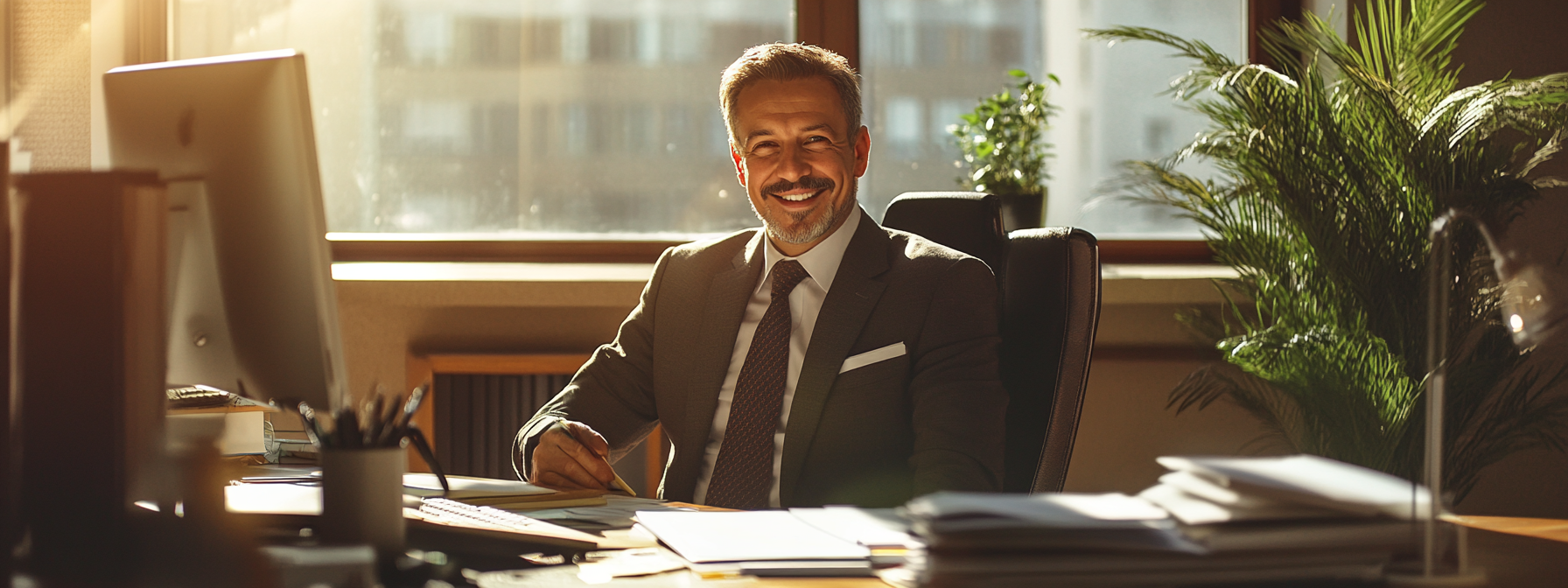 Happy middle-aged male boss in sunny office workspace.