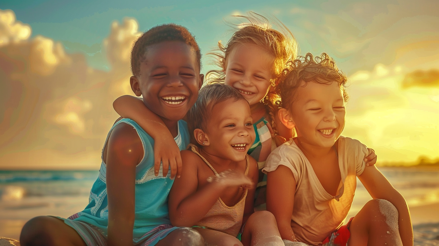 Happy multiracial children on beach at dusk, Bahamas resort.