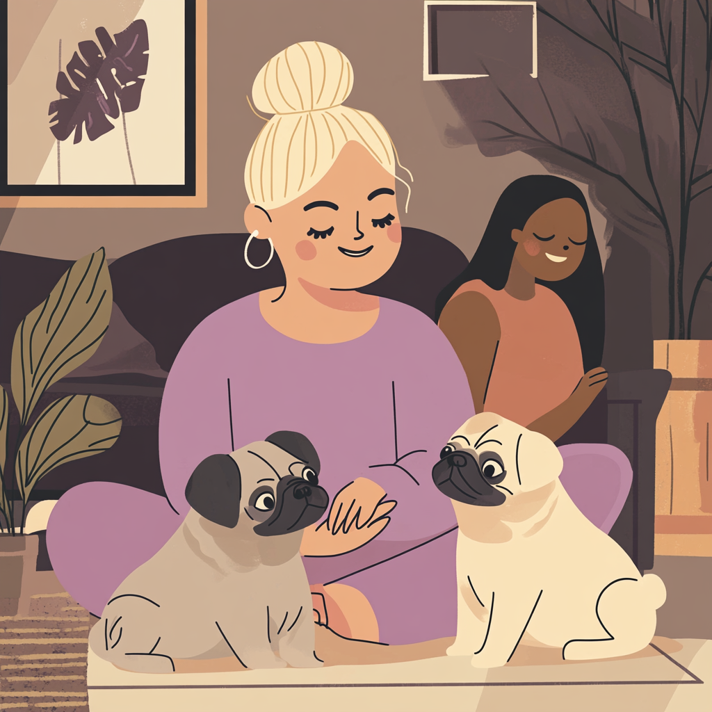 Happy non-binary individual playing with pugs in cozy setting.