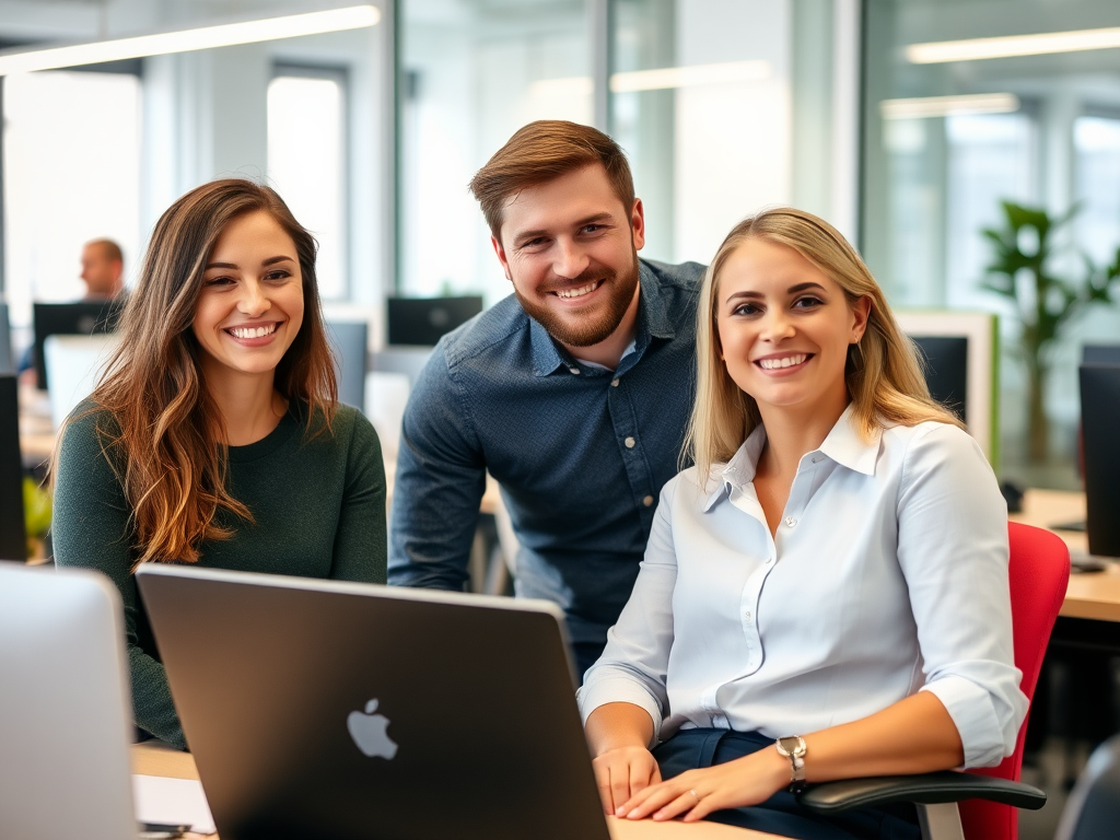 Happy office workers collaborate in teamwork setting.