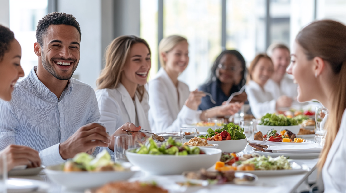 Happy office workers enjoying healthy meals in bright setting.