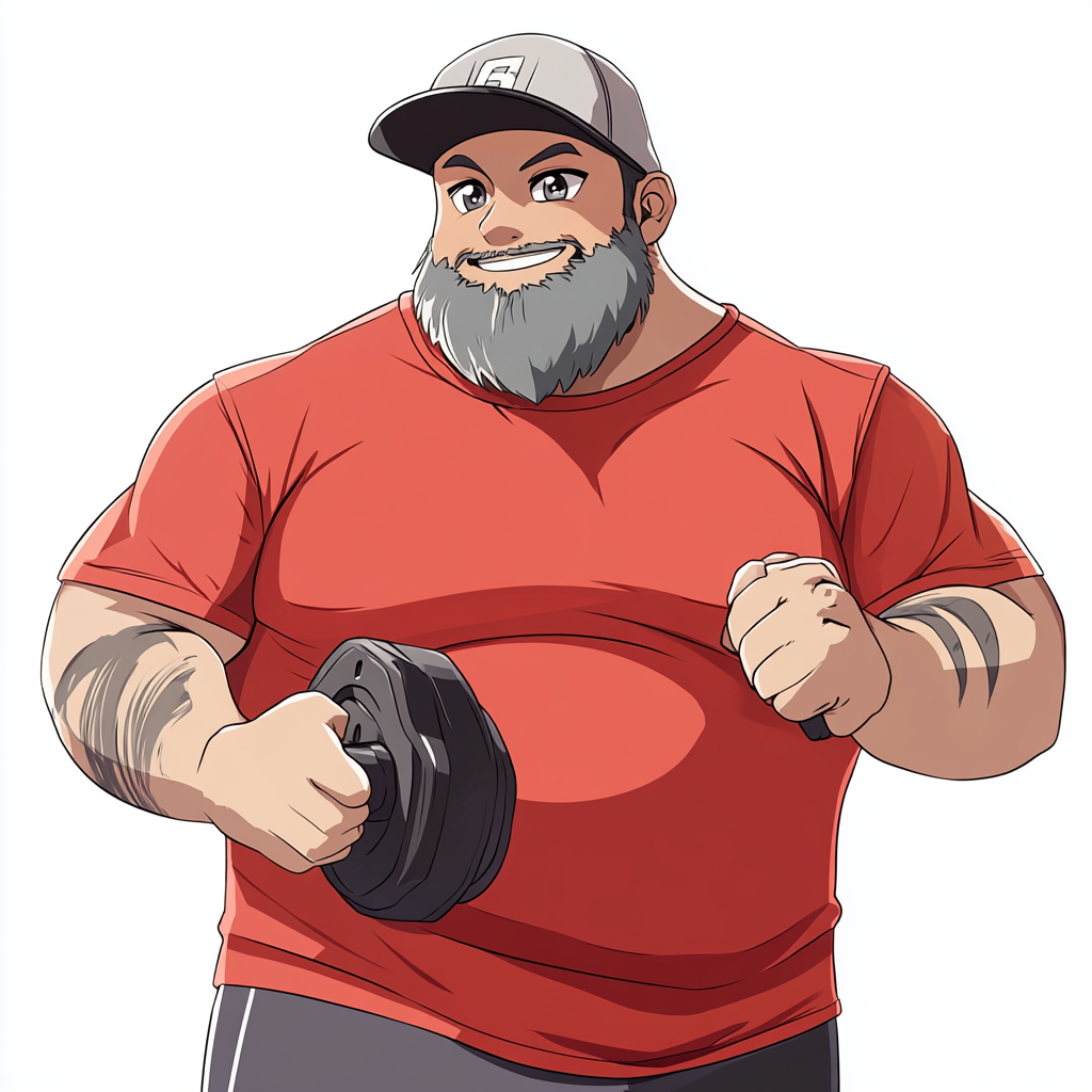 Happy overweight man in red shirt doing crossfit.