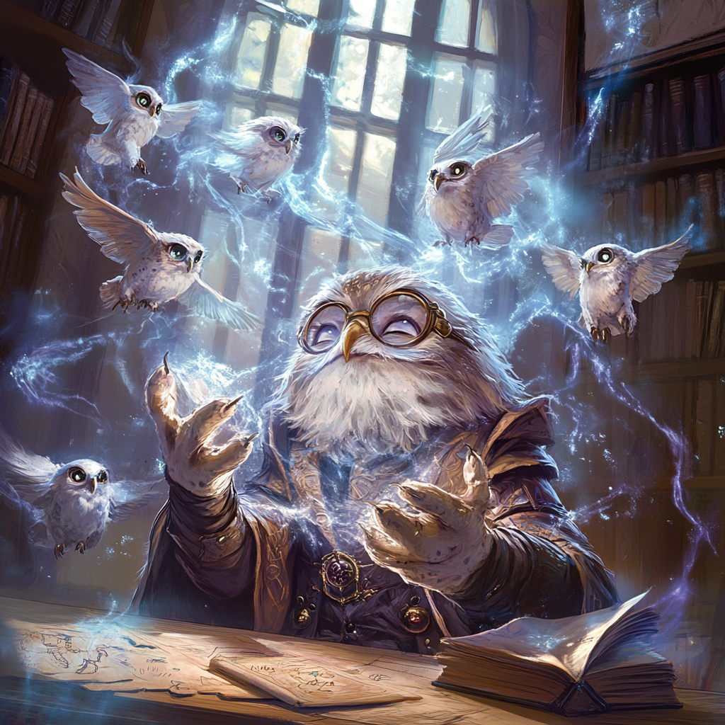 Happy owlin wizard casting big spell in classroom, ethereal owls floating.