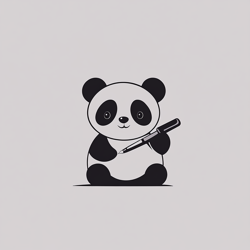 Happy panda logo with ink pen on color background.