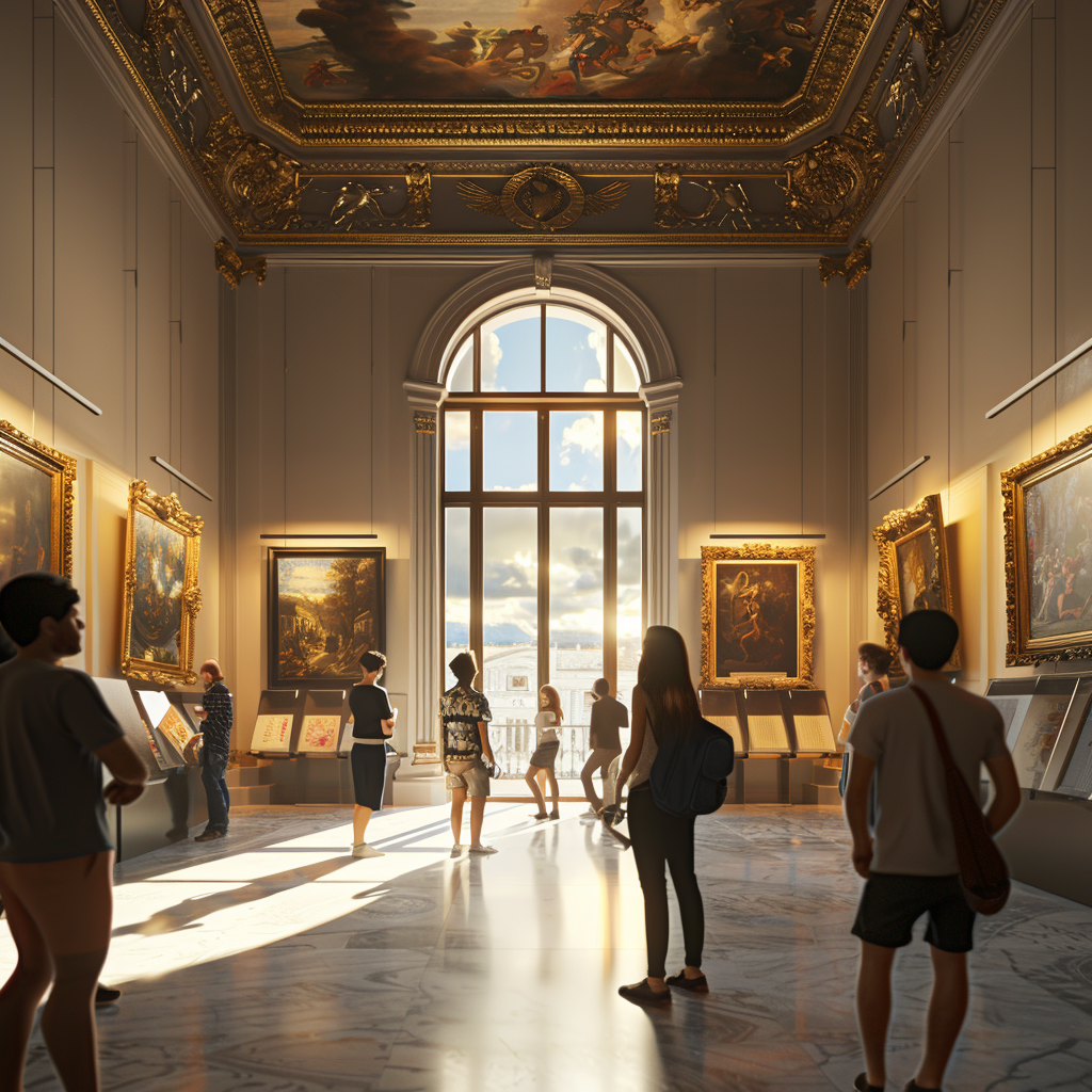 Happy people working in Spanish museum, photorealistic 4K photo