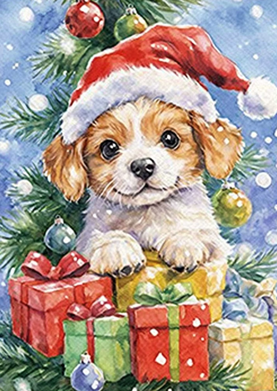 Happy puppies in Santa hats on Christmas card