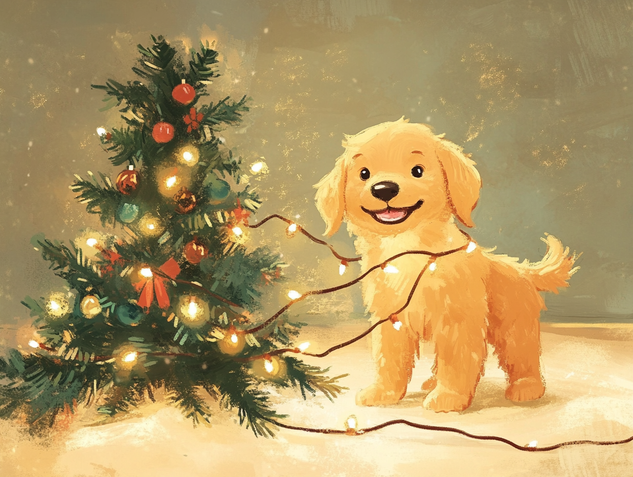 Happy puppy tangled in Christmas lights near fallen tree.