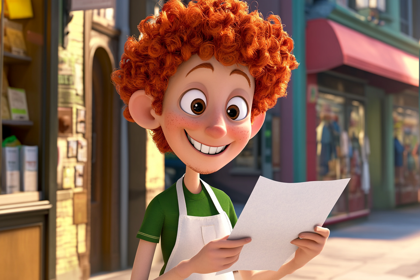 Happy red-haired cartoon character hands out flyers