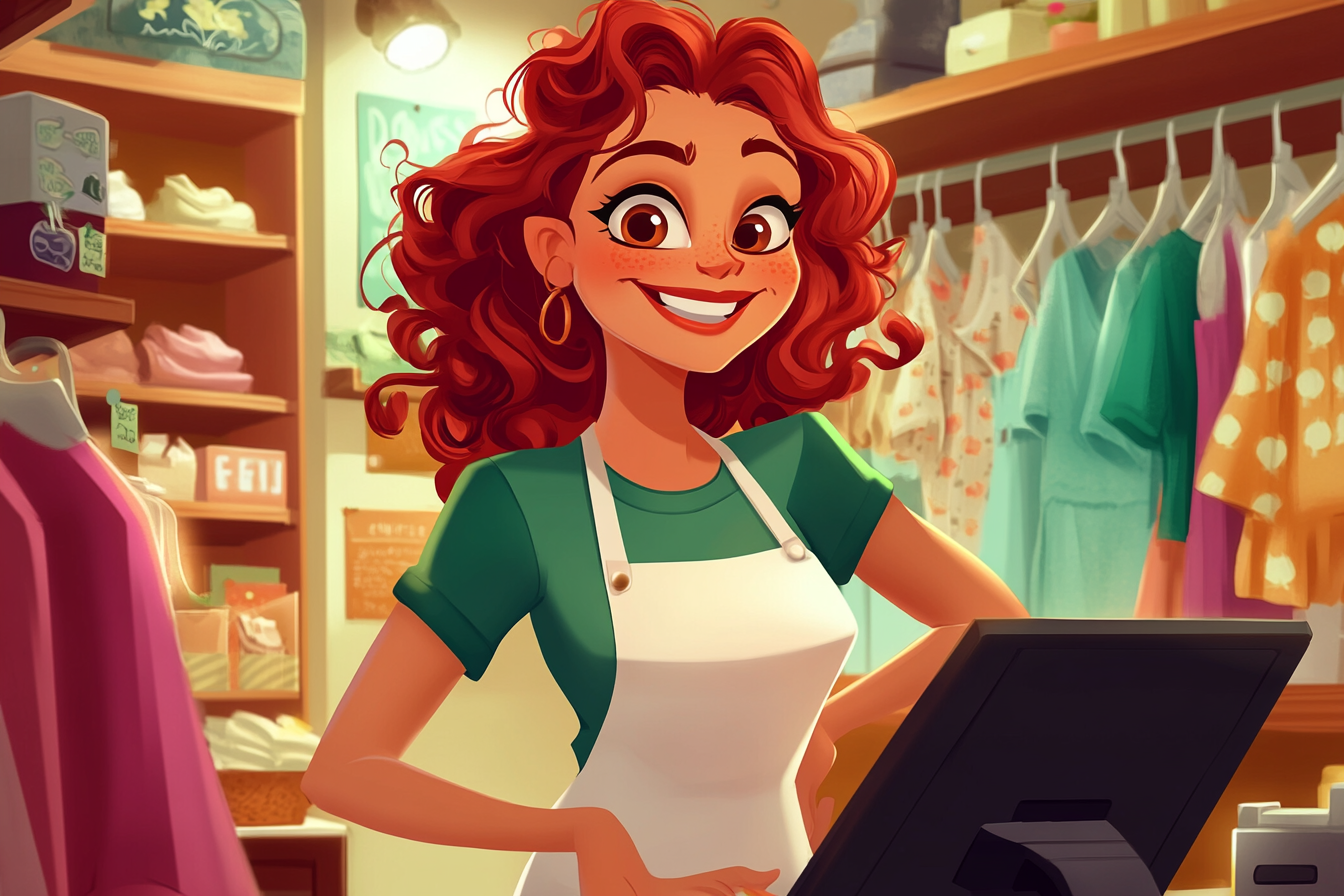 Happy red-haired cartoon clerk in clothing store