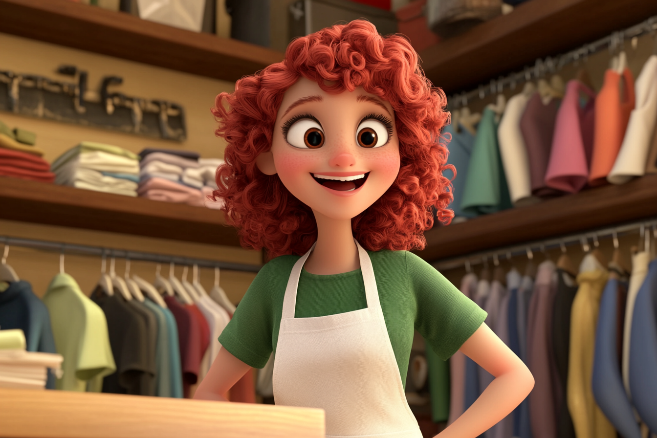 Happy red-haired cartoon lady in clothing store