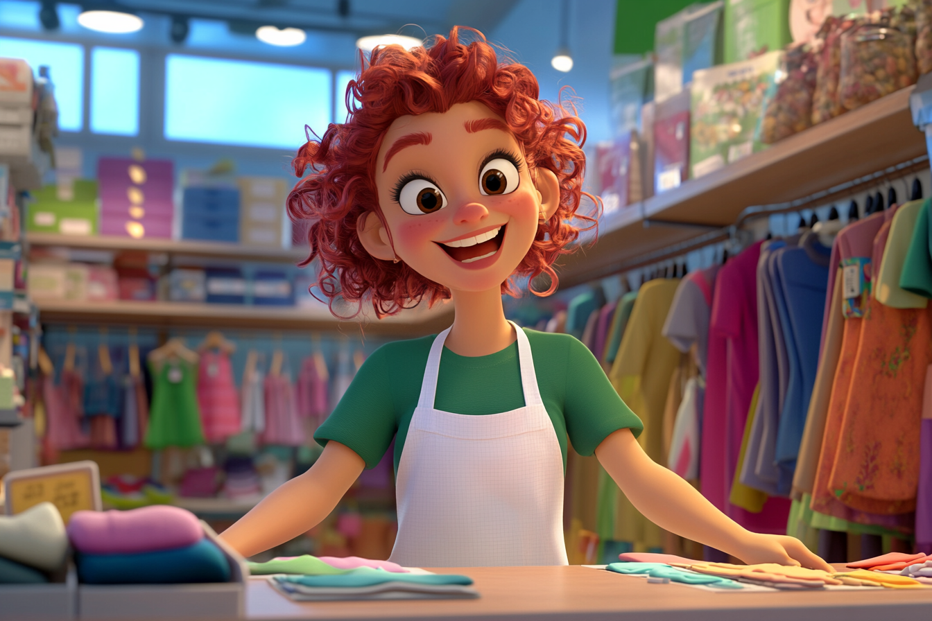 Happy red-haired shopkeeper with clothes and customers