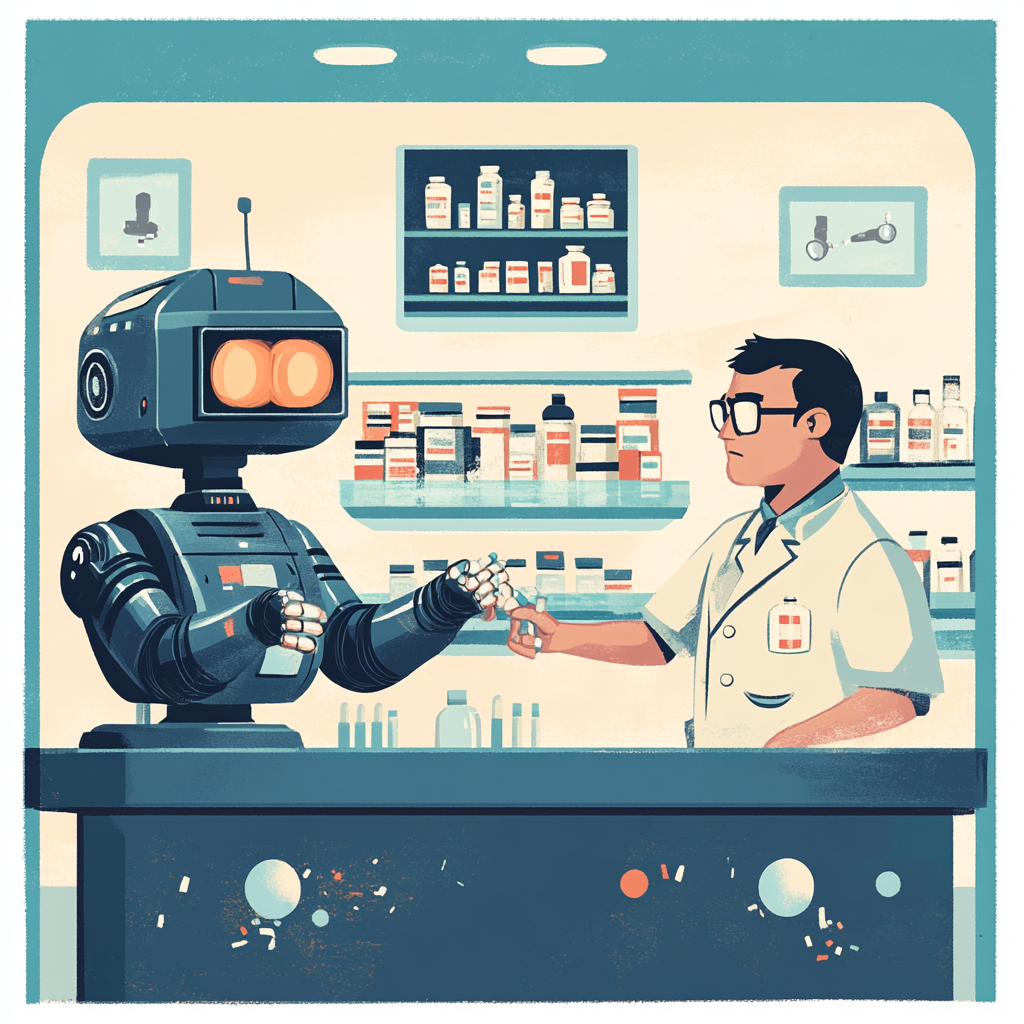 Happy robot pharmacist helping happy patient, unhappy human pharmacist.