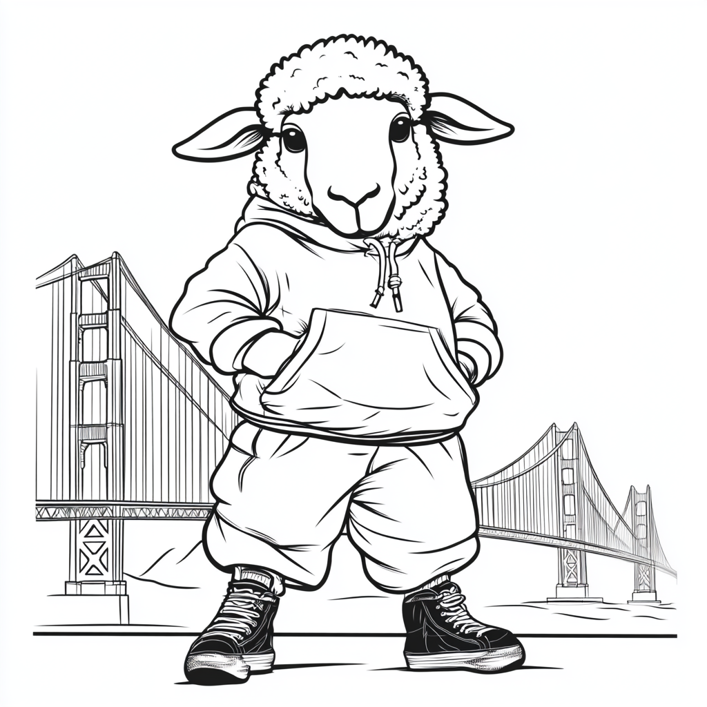 Happy sheep dressed as hip hop dancer, Golden Gate Bridge background