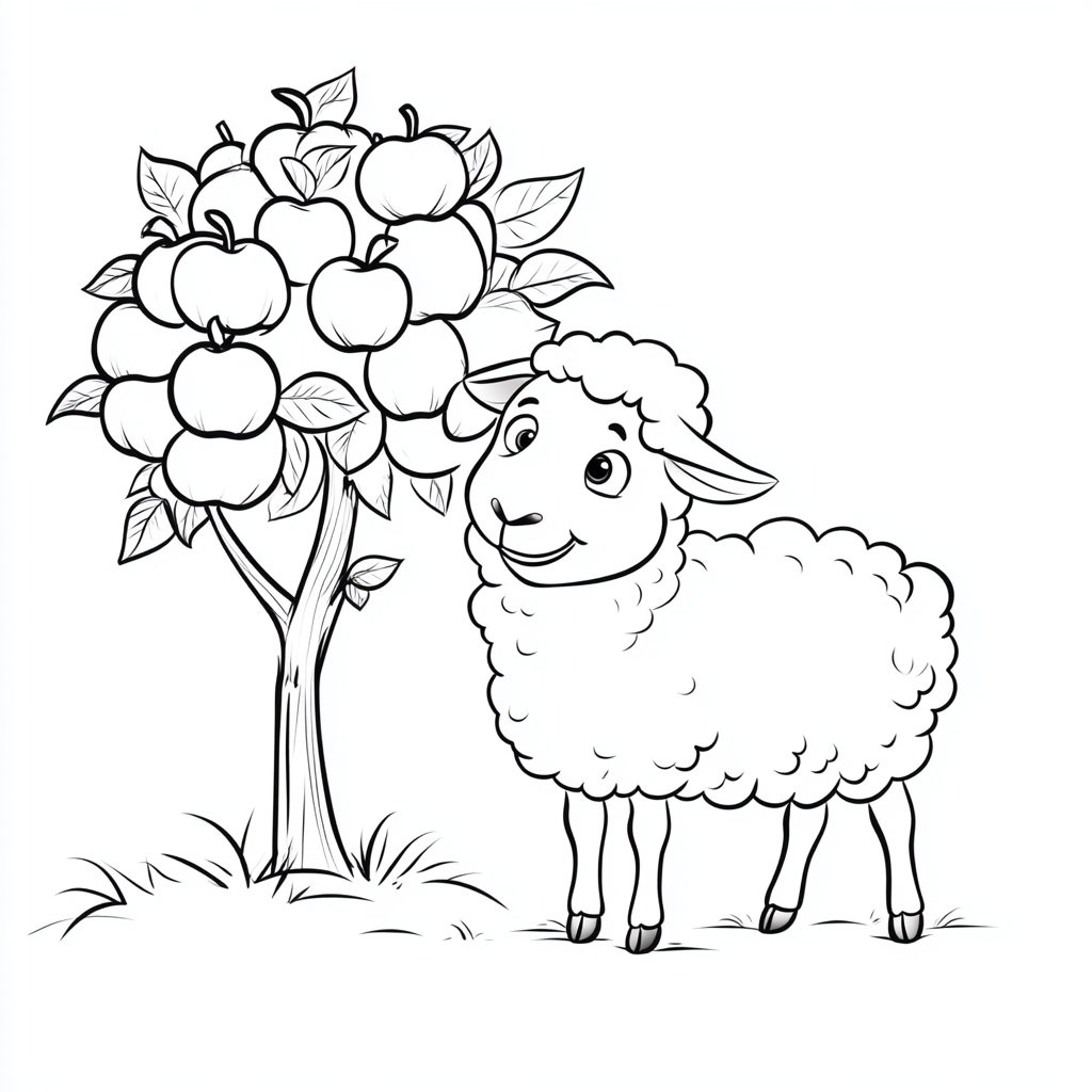 Happy sheep in Disney style, tree, black and white.