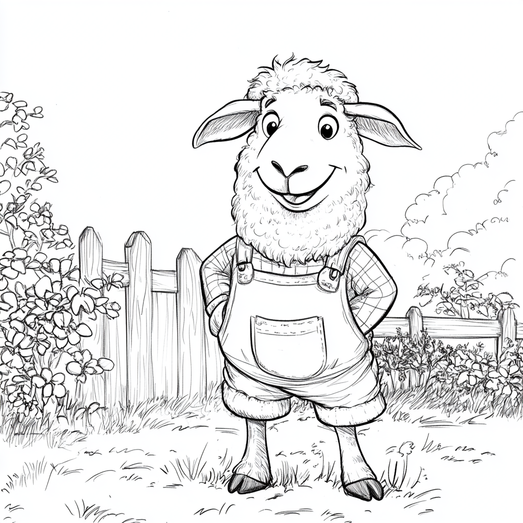 Happy sheep in garden outfit, black and white drawing.