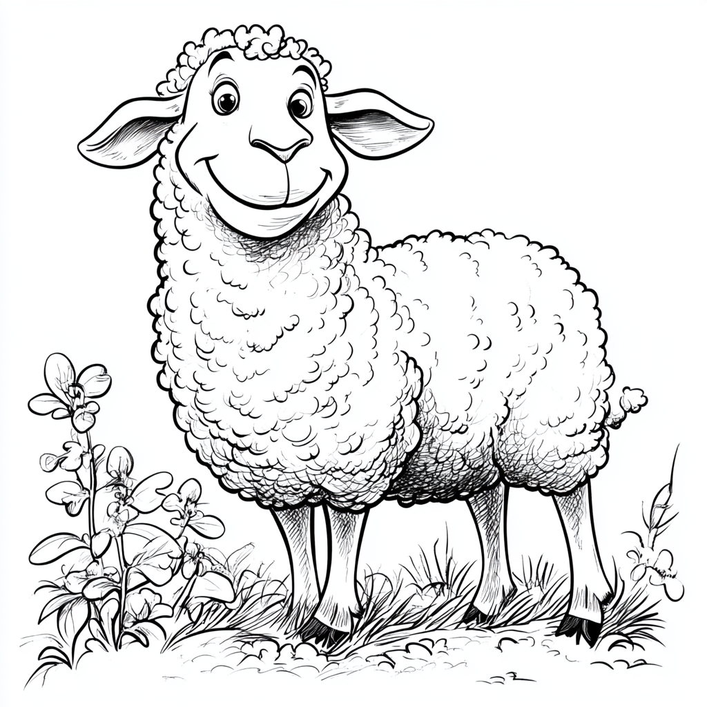 Happy sheep in garden with pepper wutz, ready to color.