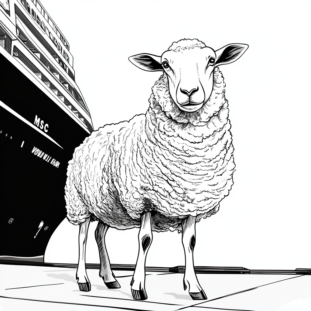 Happy sheep mascot in front of MSC ship.