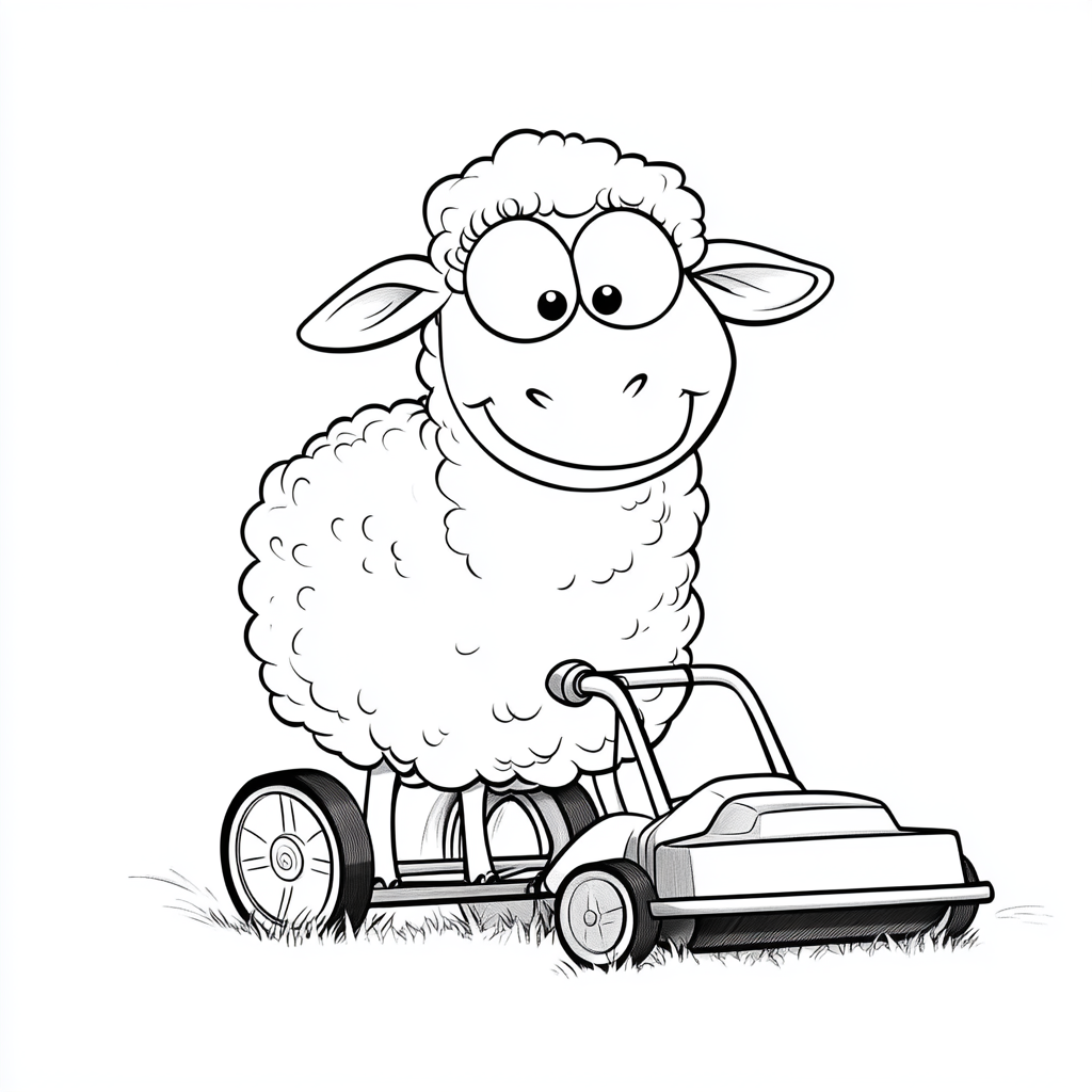 Happy sheep mowing lawn in Disney cartoon style.