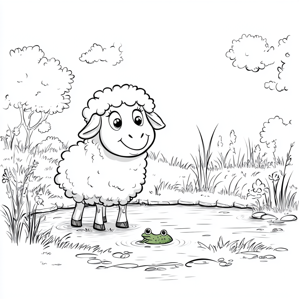 Happy sheep sees frog in garden pond, Disney style.