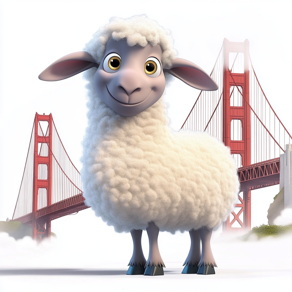 Happy sheep standing in front of Golden Gate Bridge.