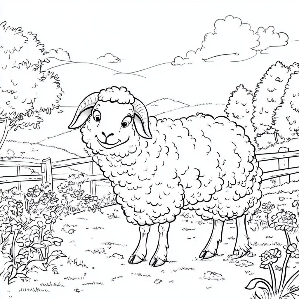 Happy sheep standing in garden, looking at camera in Disney cartoon style.