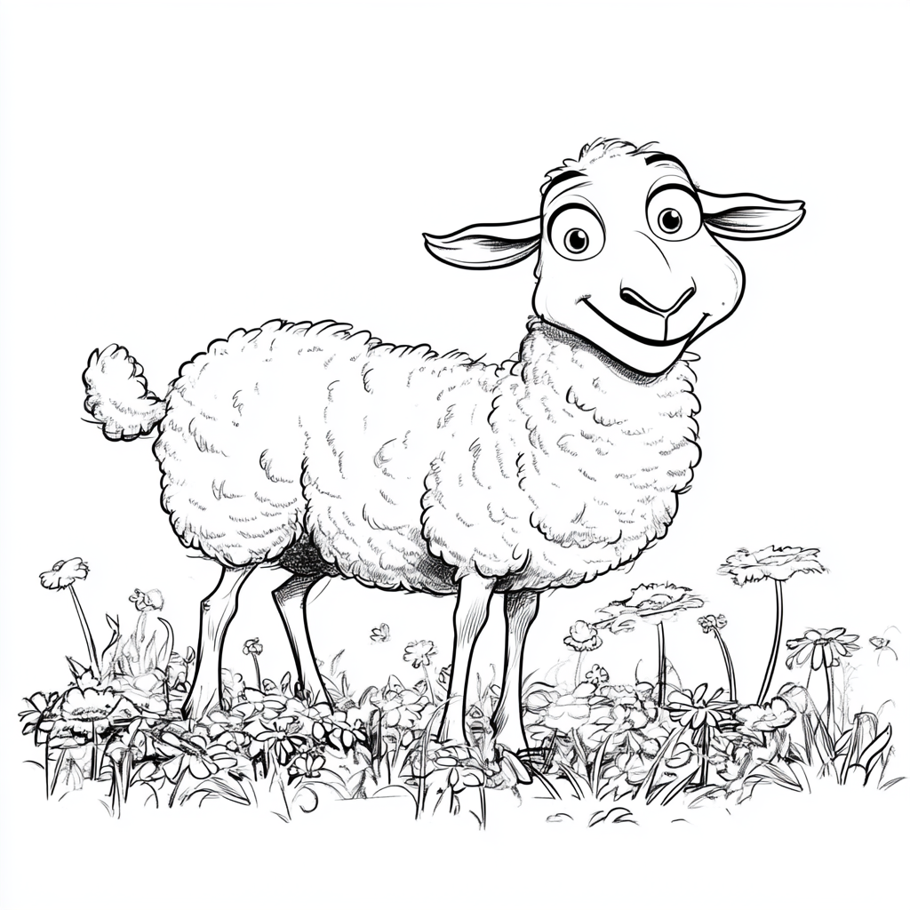 Happy sheep standing in garden for coloring illustration.