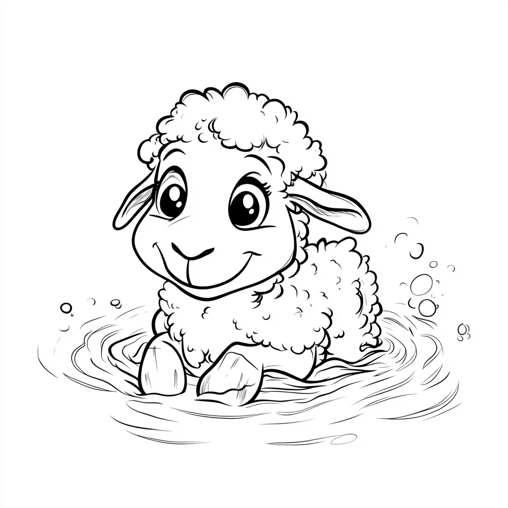 Happy sheep swimming in whirlpool, looking at camera.