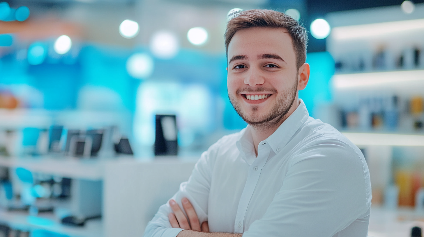 Happy small business owner in tech store. Advertising photo.