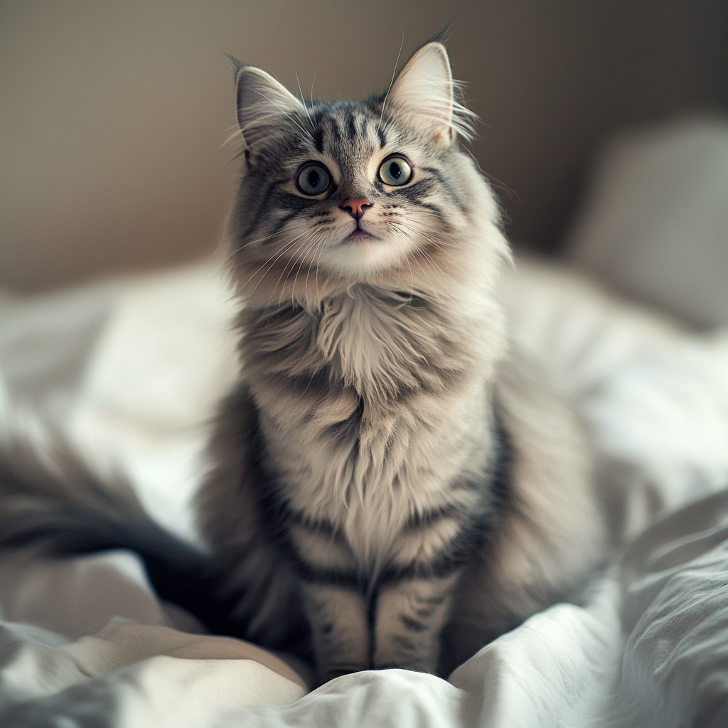 Happy smiling cat with big eyes sitting on bed.