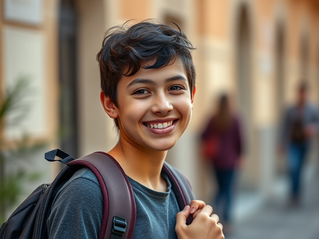 Happy student with backpack holding Sony A7III camera.