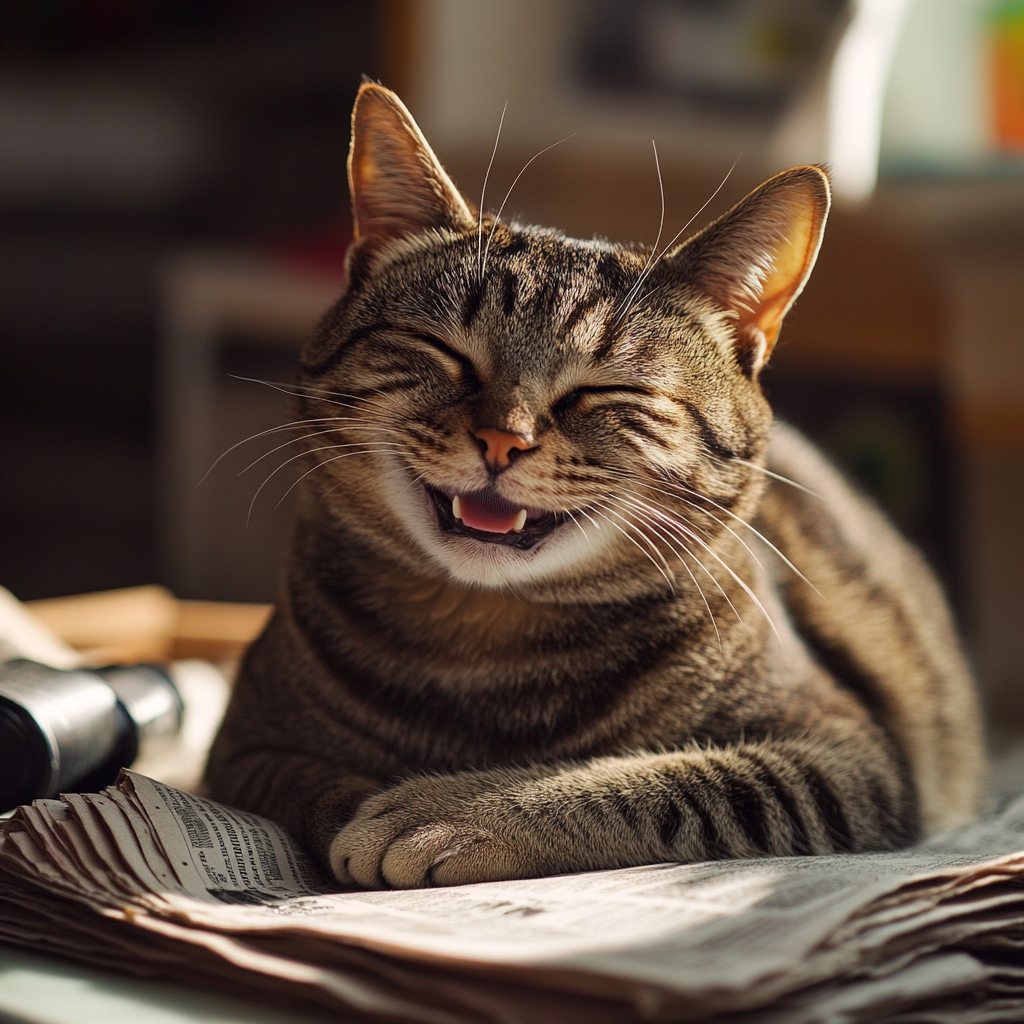 Happy tabby cat on journalist's desk with newspapers and flashlights