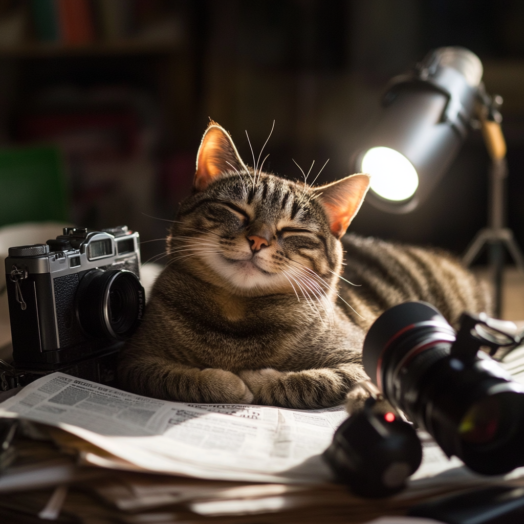 Happy tabby cat on journalist's desktop with equipment and tools